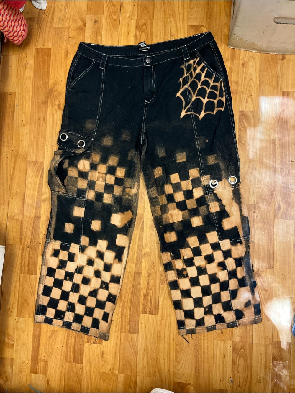 Hot Topic Black Jeans with Tan Checkerboard & Spiderweb